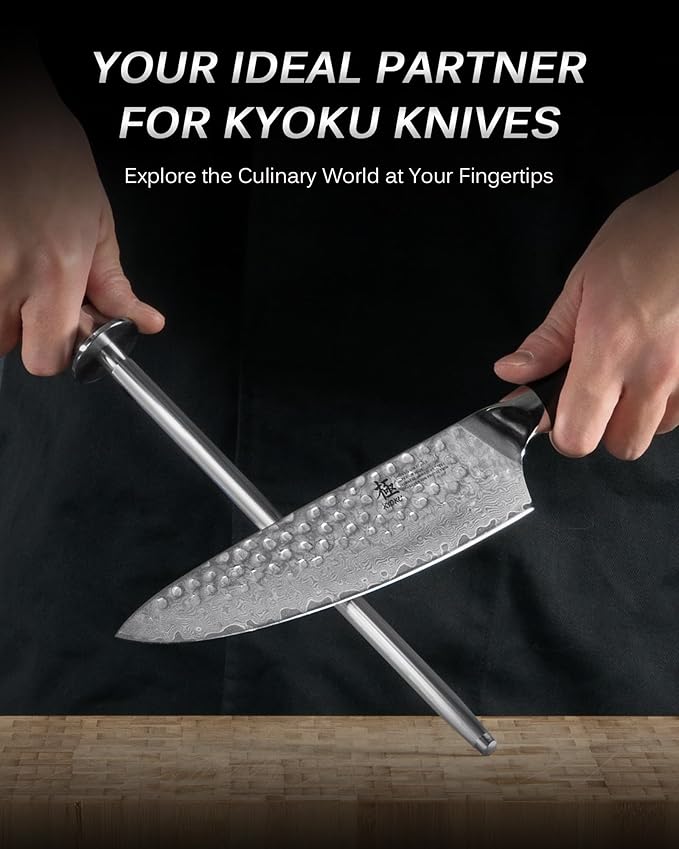 KYOKU 10 in. Honing Steel, Shogun Series Honing Rod with G10 Fiberglass Handle & Metal Hand Guard, Full Tang Knife Sharpener Rod, Sharpening Steel Knife Sharpener for Rolled Knife Edges with Gift Box