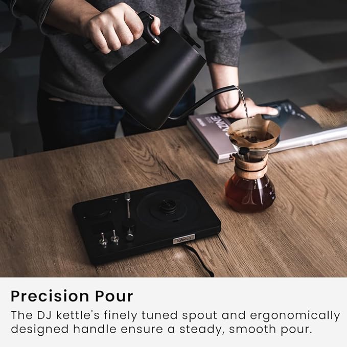 Lafeeca DJ Electric Gooseneck Kettle - Pour Over Coffee & Tea - Turntable Design - Water Boiler - Quick Heating & Temperature Control - Black