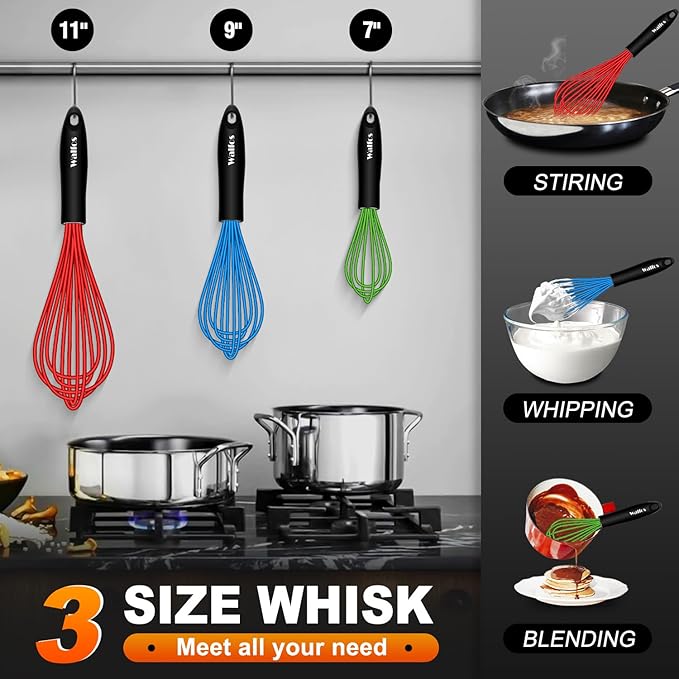 Walfos Whisk,7+9+11in Silicone whisk, BPA free Whisks for Cooking Non Scratch. Heat Resistant(480°F) Wisk. Perfect for Blending, Mixing, Beating etc.Dishwasher Safe.Set of 3 (Colorful)