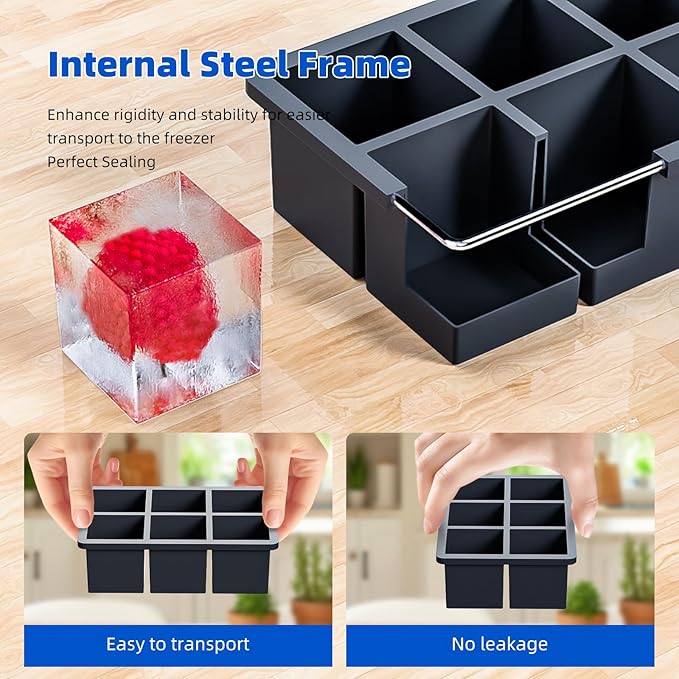Large Ice Cube Tray for Whiskey, HANCELANT Big Silicone Square Ice Cube Mold with Removable Lid, 2'' Huge Square Ice Cubed Tray for Whisky and Cocktail