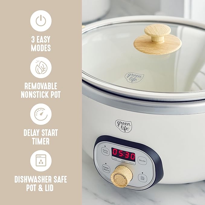 GreenLife 8QT Slow Cooker, Non-Toxic PFAS-Free Ceramic Nonstick Removable Interior Bowl, Programmable, Family Friendly, Keep Warm, Stovetop & Oven Safe, Dishwasher Safe Parts, Timer, Glass Lid, Cream