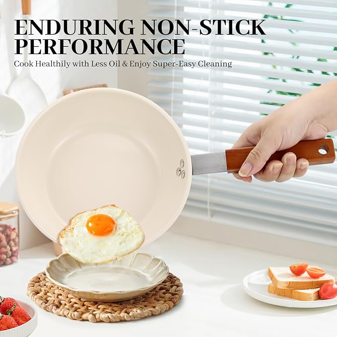 MARSKITOP Nonstick Frying Pan, 8 Inch Stainless Steel Fry Pan with Ceramic Coating and Wooden Handle, Healthy Non Toxic Skillet, Induction Compatible, PFOA Free