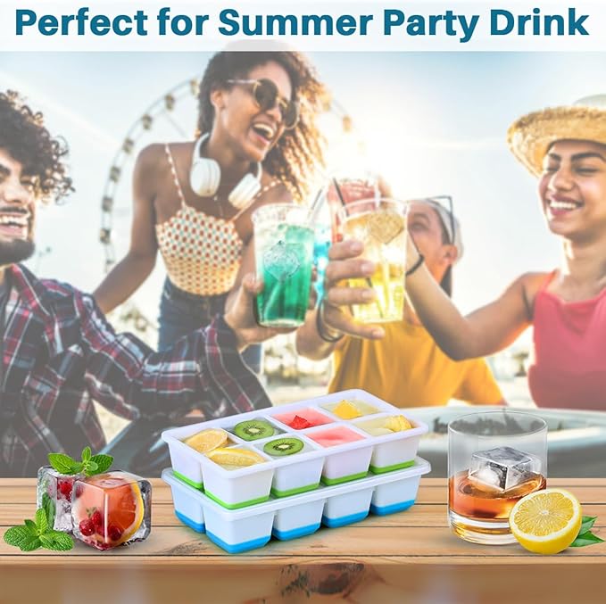 Large Ice Cube Molds, FURNSII 2 Pack Silicone Large Square Ice Cube Trays with Lids BPA Free, Easy-Release & Stackable 1.8'' Big Ice Cube Tray for Freezer Cocktail Whiskey Coffee