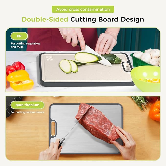 Titanium Cutting Board for Kitchen, Cutting Board Double Sided Food Grade, Pure Titanium/PP, Easy to Clean[15.5”*10.5”+12”*8.5”]