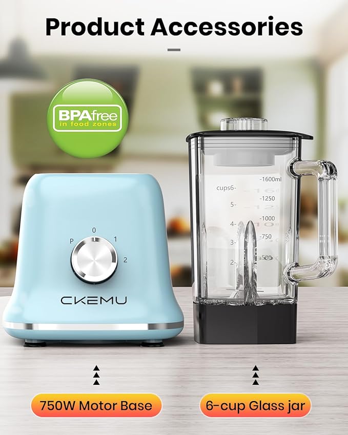Professional Blender For Smoothies, 58 Oz Glass Jar, Glass Blender Including Puree & Crush Ice Functions, 750 Watts, B02 (Blue)