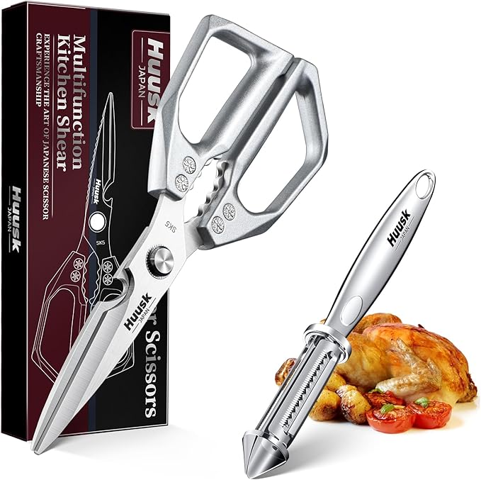 Huusk Kitchen Scissors and Potato Peelers Set, Multifunction Japanese Vegetable Peeler for kitchen, Stainless Steel Cooking Kitchen Shears with Fruit Peeler for Carrot, Veggie, Cucumber, Apple