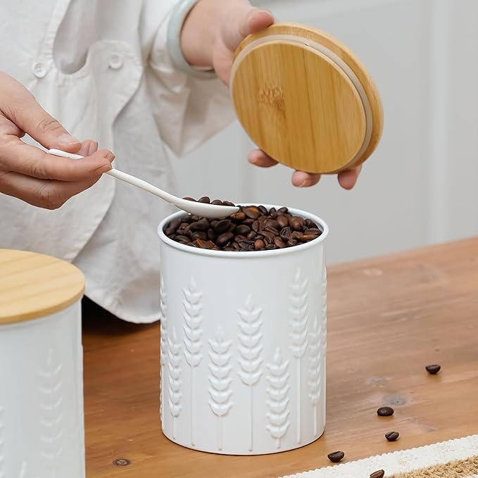 Kitchen Canister Set of 3 Tea Coffee Sugar Containers with Airtight Bamboo Lids Food Flour Storage for Countertop Metal White Ear of Wheat Pattern Embossed Farmhouse Decor