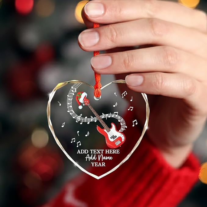 Personalized Bass Guitar Christmas Tree Glass Ornament, Bass Guitar Lovers Christmas Ornaments 2025, Custom Guitarist Xmas Ornament with Text Name & Year, Musical Instrument Players Gifts