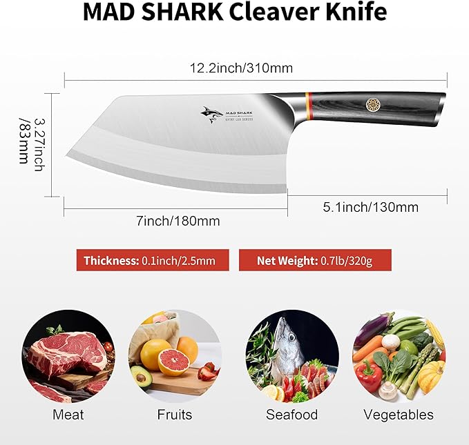 MAD SHARK 7 Inch Meat Cleaver Knife, German Stainless Steel Professional Vegetable Knife, Stainless Steel with Beautiful Pakkawood Handle, Heavy Duty Blade for Chef, Home Kitchen and Restaurant
