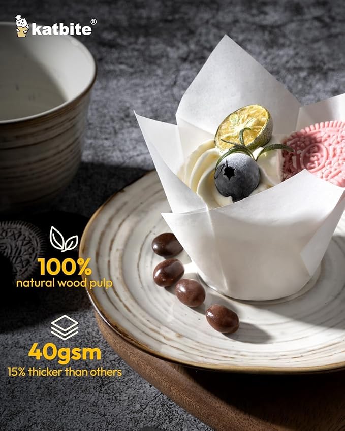 Katbite Tulip Cupcake Liners 200PCS, Muffin Baking Cupcake Liners Holders, Baking Cups, Cupcake Wrapper for Party, Wedding, Birthday(White)