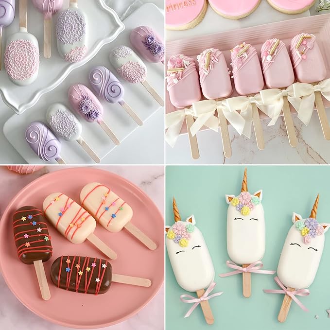 Sakolla 2 Pack Mini Popsicle Silicone Molds, 4 Cavities Oval Ice Pop Molds with 50 Wooden Sticks for Homemade Ice Cream, Cakesicles, Cake Pop (White)