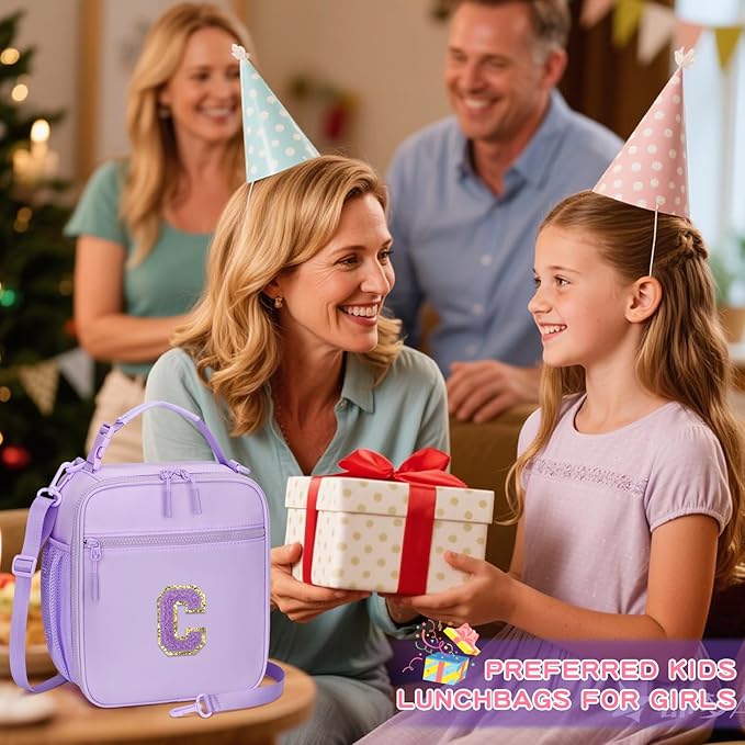 Initial Insulated Lunch Bag for Girls Kids, Back to School Gift, Reusable Leak-proof Lunch Box with Adjustable Strap for School Daycare Travel Picnic (Purple,C)