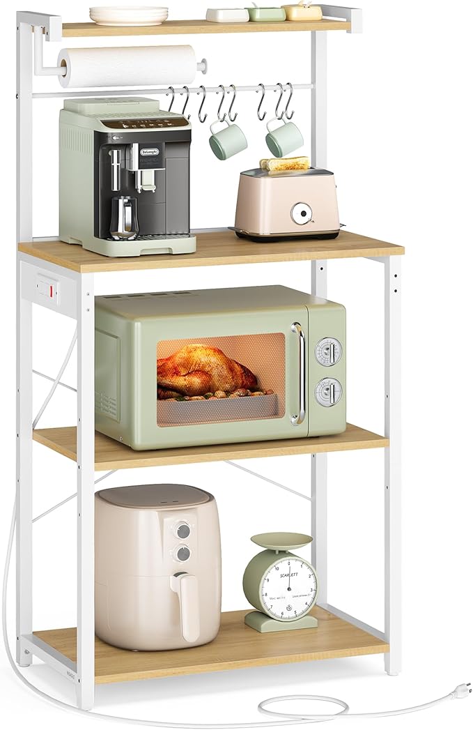 VASAGLE Kitchen Bakers Rack with Power Outlet, Coffee Bar 4-Tier with 8 S Hooks, Microwave Stand, Adjustable Shelf, for Small Spaces, Golden Oak and Cloud White UKKS014Y01V1