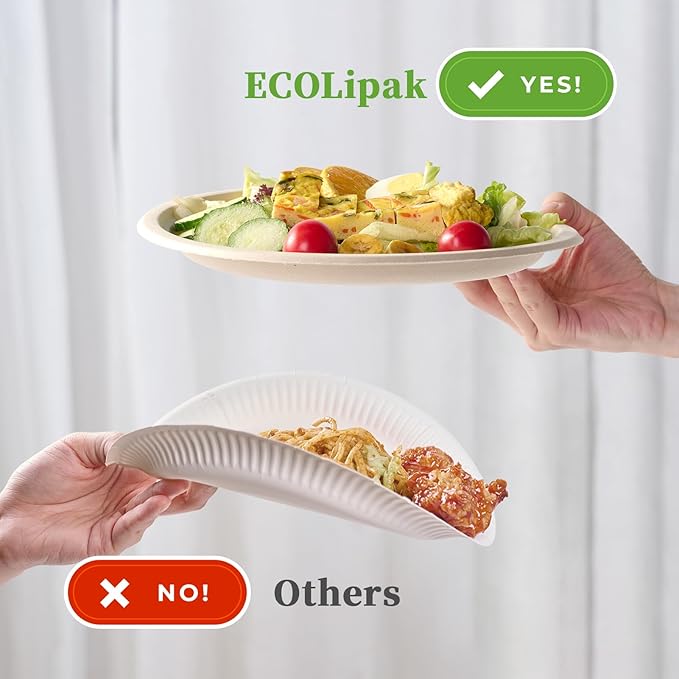 ECOLipak Paper Plates 10 Inch, 150 Pack Compostable Heavy Duty Disposable Biodegradable Sugarcane Bagasse Eco Friendly Paper Plates for Thanksgiving Party Dinner