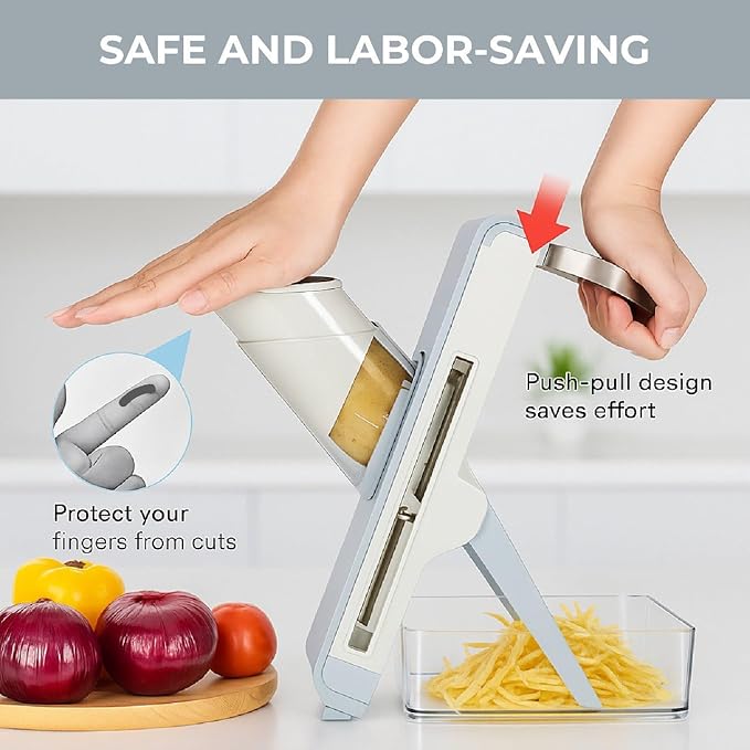 Mandoline Slicer Adjustable – Safe Vegetable Chopper & Potato Slicer with Container – Multifunctional Food Cutter Dicer for Salad & Fries – Kitchen Tool Gift Set (Grey)