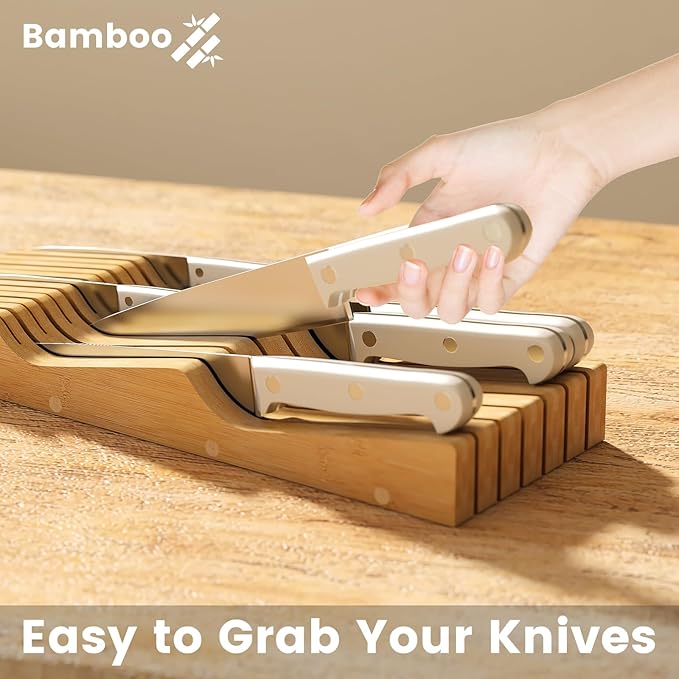 Bamboo In-Drawer Knife Block for 13 Knives(Not Included), Knife Drawer Organizer,Knife Holder Countertop,Block Knife Storage Organizer for Kitchen