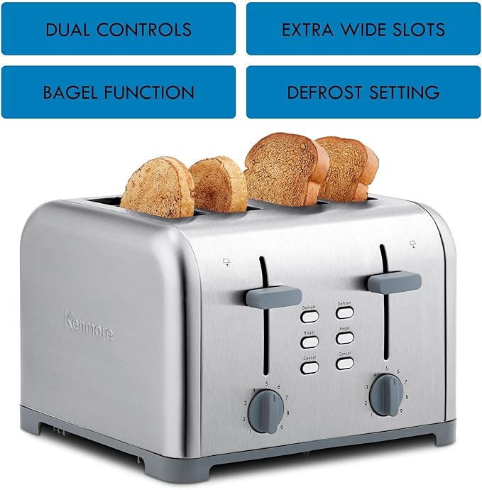 Kenmore Toaster 4 Slice - Extra Wide Slot Countertop Kitchen Appliance, Defrost Function, Grille-Pain, 9 Shade Settings, Compact Design, Easy Clean Crumb Tray, Bread Bagel, Stainless Steel