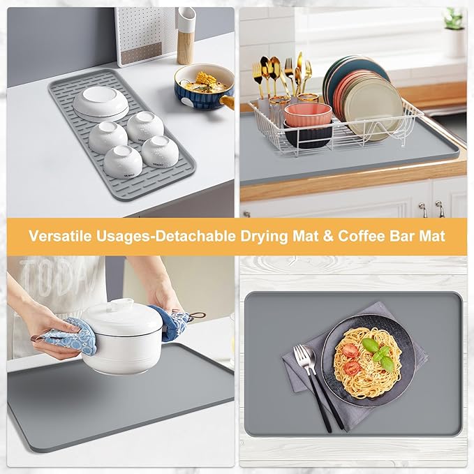 Silicone Coffee Mat,16'' x 16'' Coffee Bar Mat with Detachable Dish Drying Mat for Kitchen Countertops,Coffee Bar Accessories Fit Under Coffee Maker Coffee Machine Espresso Machine Dish Rack