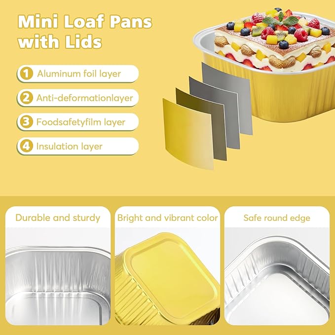 Ruckae 5oz 100 Pcs Square Mini Loaf Pans with Lids-Disposable Foil Dessert Containers,Mini Cake Pans with Lids,Aluminum Dessert Cups for Parties and Weddings (Gold, 5oz)