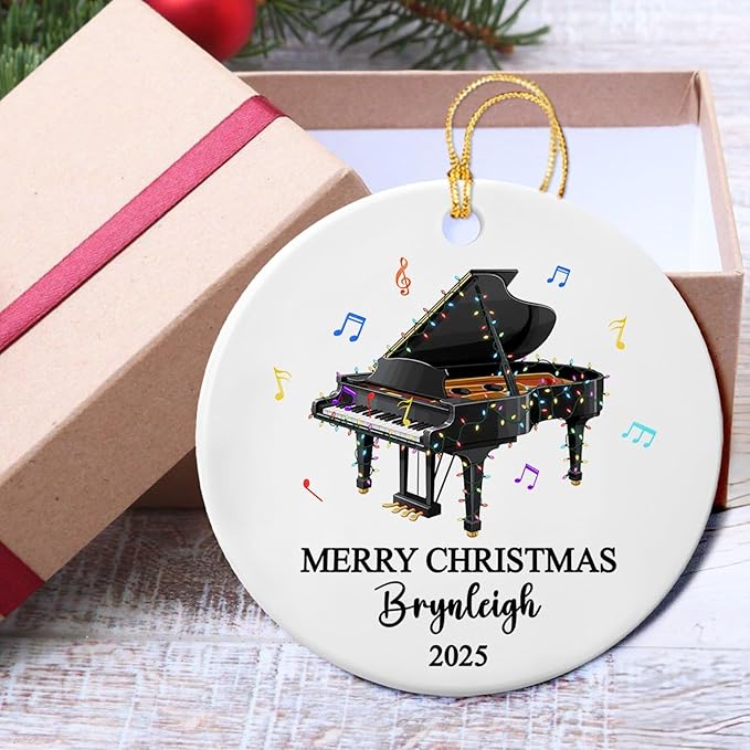 Personalized Piano Musical Ceramic Christmas Ornament, Customized Text Year Name Piano Player Ornaments Gift for Pianist Dad Mom Daughter Son Kid, Unique Pianos Instrument Ceramic Xmas Tree Ornament