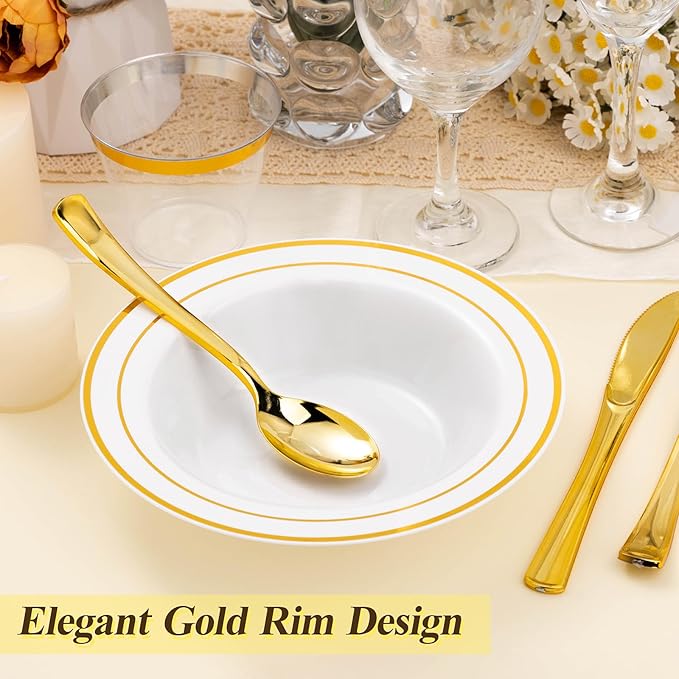 50 Pack Disposable Soup Bowls with Gold Rim, 12oz Premium Heavy Duty Plastic Dinner Bowls for Party, Wedding and Holiday