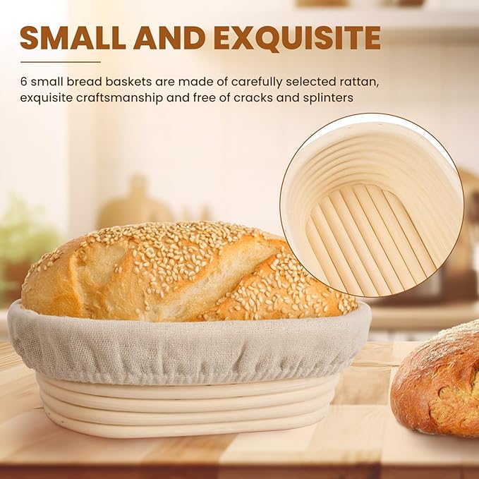 6 Inch Oval Banneton Bread Proofing Basket Set of 6, Kikcoin Mini Sourdough Bread Baking Supplies, Small Banneton Basket Proofing Baskets for Sourdough Bread Baking