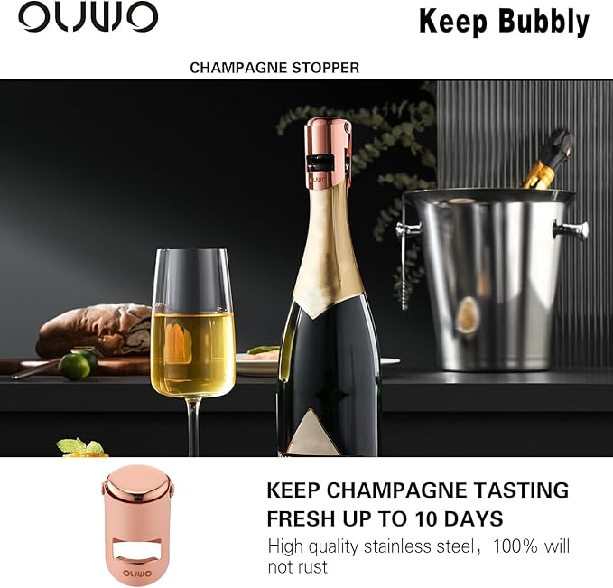 Champagne Sealer Stopper 6 Pack Stainless Steel Sparkling Wine Bottle Stoppers，Leak-Proof Bubble Retaining Saver，Suitable for Champagne Prosecco Cava and Sparkling (Rosegold)