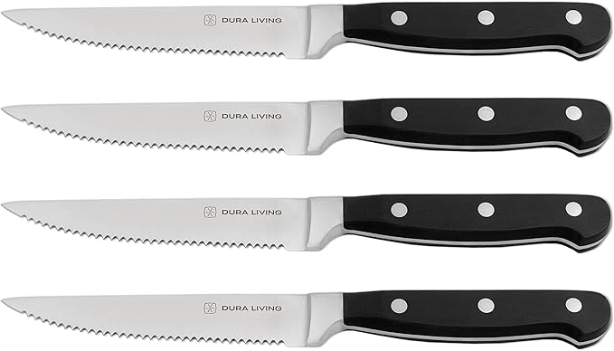 DURA LIVING Premium 4-Piece Steak Knife Set – Sharp Serrated Blades, Forged High Carbon Stainless Steel, Full Tang, Ergonomic Handle, Black – Perfect for Dining