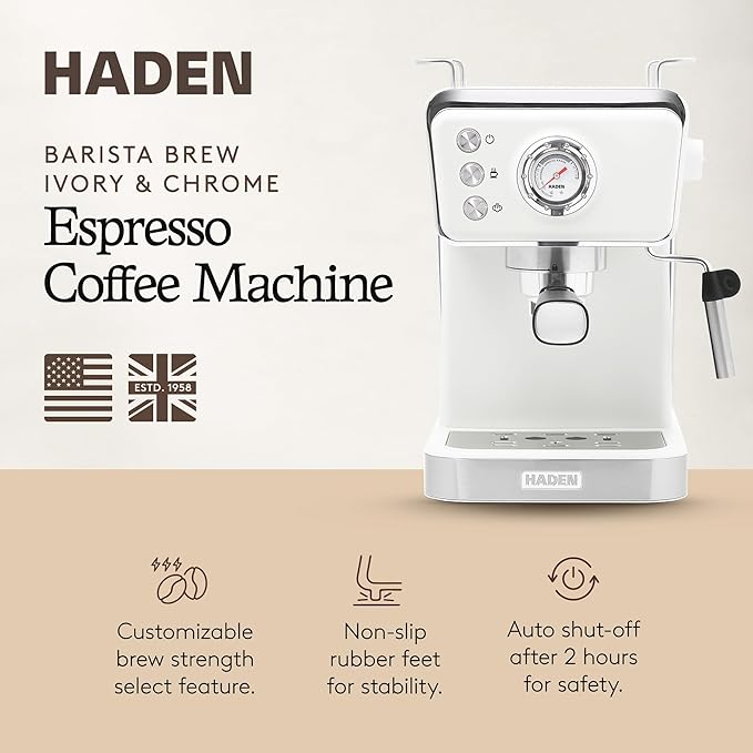 HADEN Barista Brew Espresso Coffee Machine, Stainless Steel Espresso Maker with Milk Frother and Steamer Function and 1.5L Water Tank, Ivory & Copper