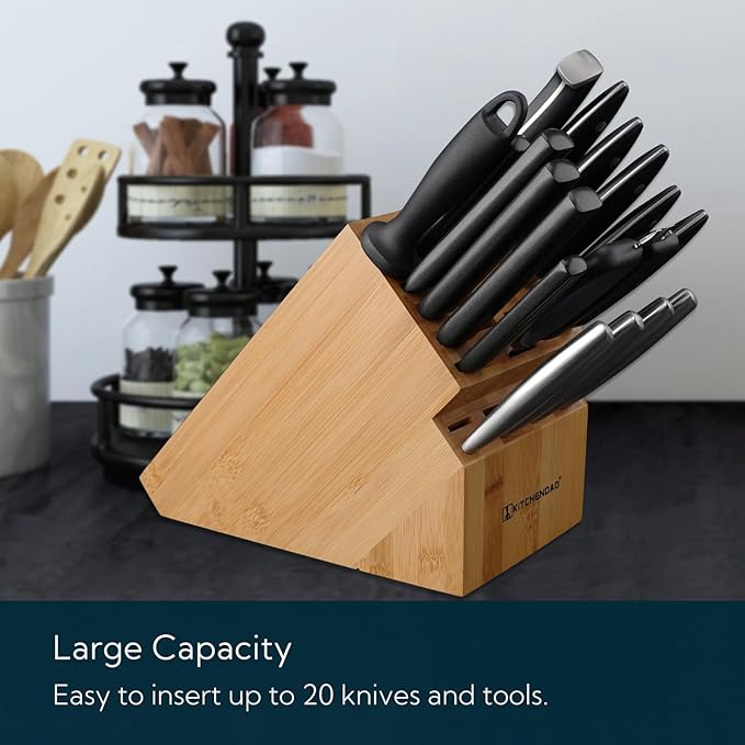 KITCHENDAO Deluxe 20 Slot Bamboo Knife Block Block without Knives, Countertop Butcher Block Kitchen Knife Stand, Hold Multiple Large Blade Knives, Wider Slots for Easier Storage