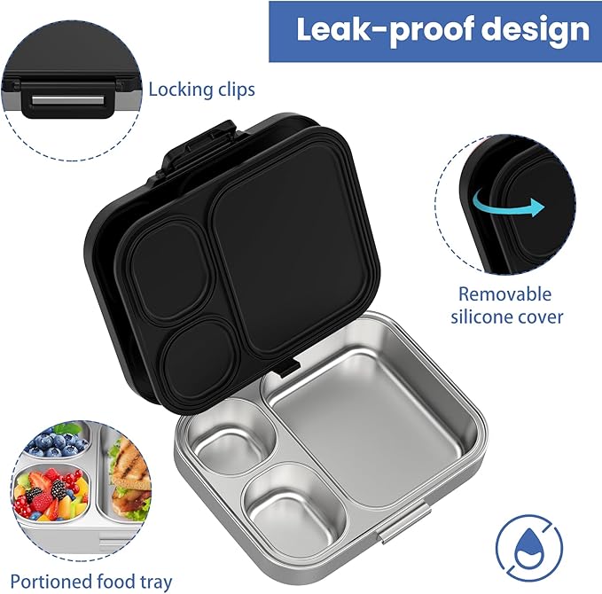 Stainless Steel Bento Lunch Box for Kids | 3-Compartment Lunch Box Container Kids | 100% Leakproof, Eco-Friendly, Perfect Portion Control for Kids&Adult Healthy Meals (Black)