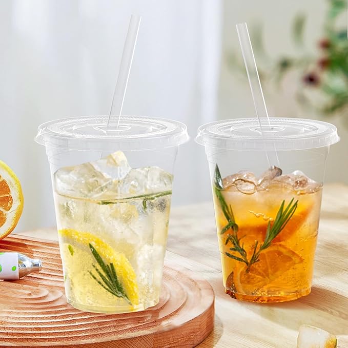 100 Pack - 16 oz Clear Plastic Cups with Lids and Straws, Sturdy & Food Safe Iced Coffee Cups with lids, Disposable Plastic Smoothie Cups for Cold Drinks