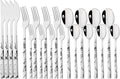 20 Piece (4 Set) Silver Stainless Steel Tableware With White Marble Handle, Wedding Cutlery And Daily Use, Silverware For Home Restaurant Party, Mirror Finished