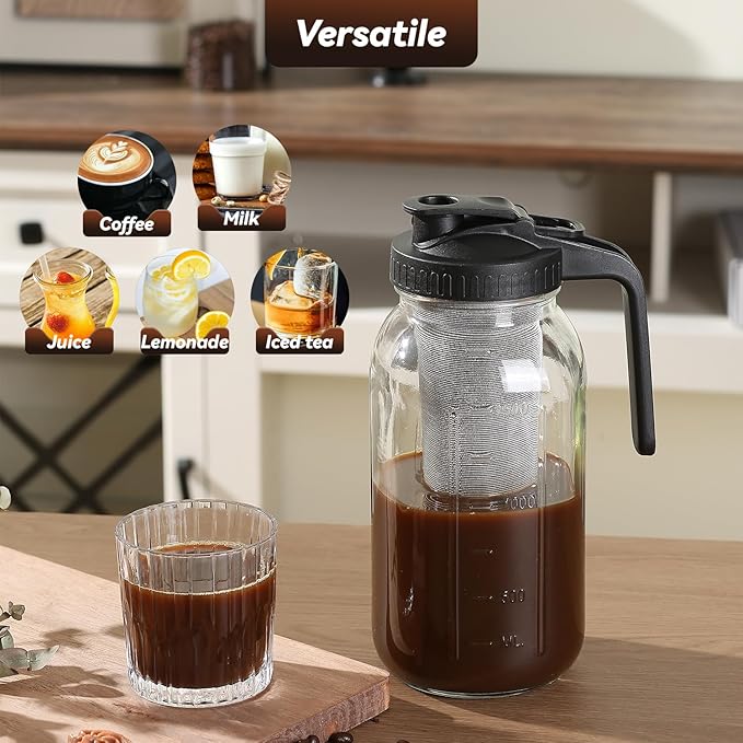 Cold Brew Coffee Maker Pitcher 64-ounce Glass Wide Mouth Mason Jar with Stainless Steel Filter and Pour Spout Handle Lid (Black, 64Ounce)