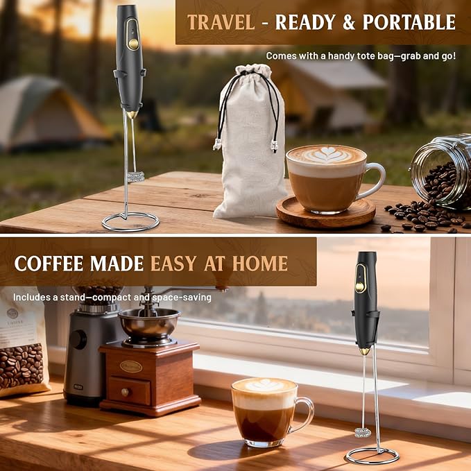 Rechargeable Milk Frother Wand with Stand, Electric Handheld Coffee Frother with 3 Detachable Whisks, Travel Milk Foamer for Protein Powder, Drinks, Espumador de Leche Electrico Black