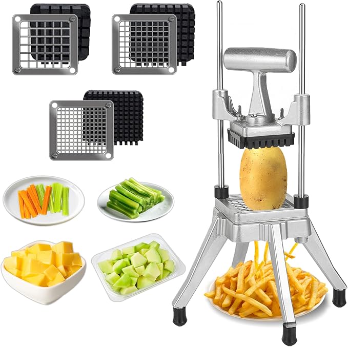 Commercial Vegetable Fruit Chopper, Stainless Steel Potato Cutter with 1/2 Inch, 3/8 Inch and 1/4 Inch Blades, Durable French Fry Cutter, Easy Clean Manual Cutter for Tomatoes Peppers Mushrooms