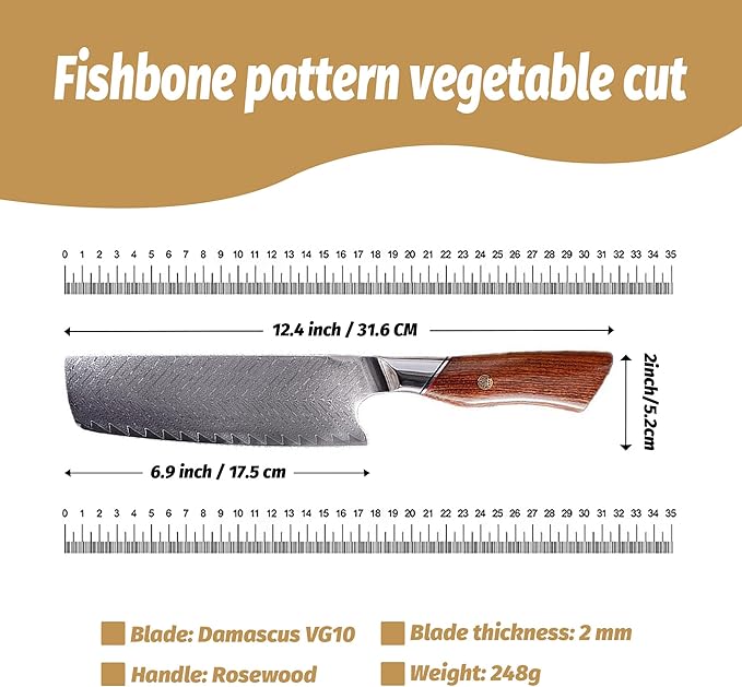 Damascus Nakiri Knife 7 Inch，Damascus Chef Knife，67-Layer VG10 Core Japanese Steel，Multipurpose Kitchen Knife，DamascusSantoku Knife，Professional Kitchen Knif，Ergonomic Handle (Vegetable Cutter)
