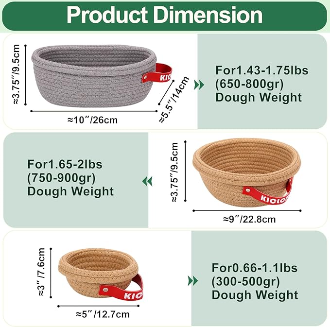 Banneton Bread Proofing Basket Set of 3 (9" Round & 10" Oval& 5" Round) - Natural Cotton Rope Sourdough Proofing Baskets with Reusable Liners & Dust Covers - Artisan Bread Baking Supplies