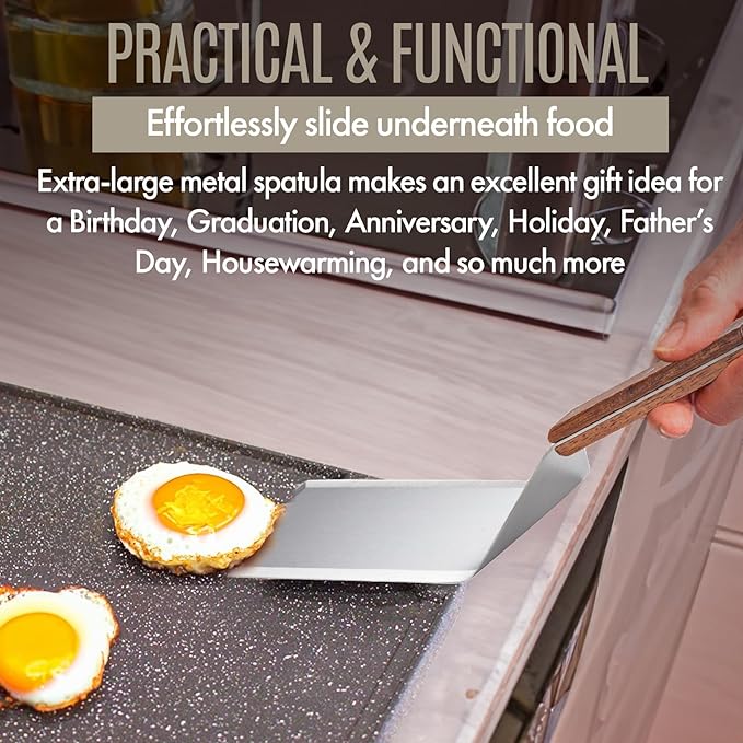 Professional Stainless Steel Extra Long Griddle Spatula with Wood Handle for Skillets,Thick Steel Blade Griddles & Pancake Flipper for Burgers, Omelet, and Versatile for Culinary Task, 8 x 4 inches