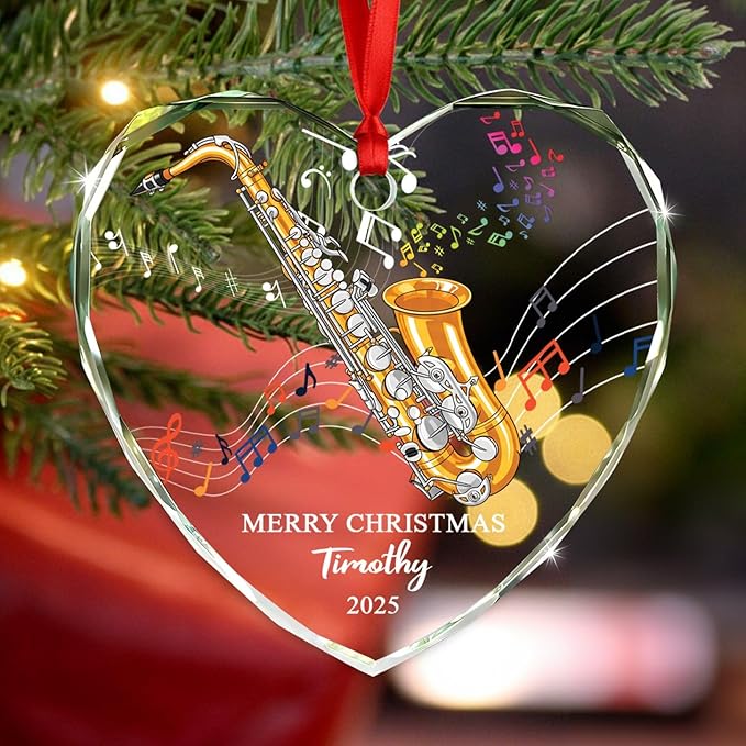 Unique Alto Saxophone Instrument Glass Christmas Ornament, Customized Year Text Name Alto Saxophone Player Ornaments Gift for Women Men Friends Besties, Personalized Musical Instrument Glass Ornament