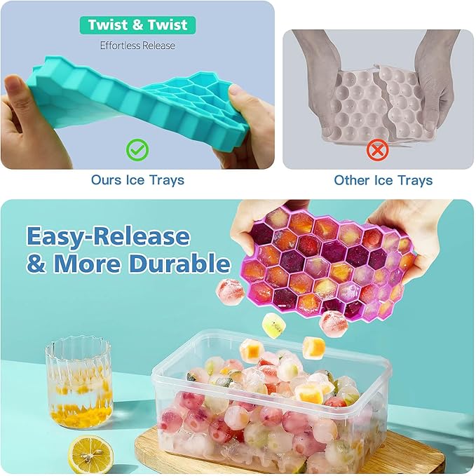 Ice Cube Trays for Freezer, 2 Pack Ice Cube Tray with Lid, Silicone Ice Cube Mold with Lid-37 Grid,Easy-Release Reusable 74 PCS Small Ice Cubes for Iced Coffee Cocktail Whisky Chocolate Soup Food