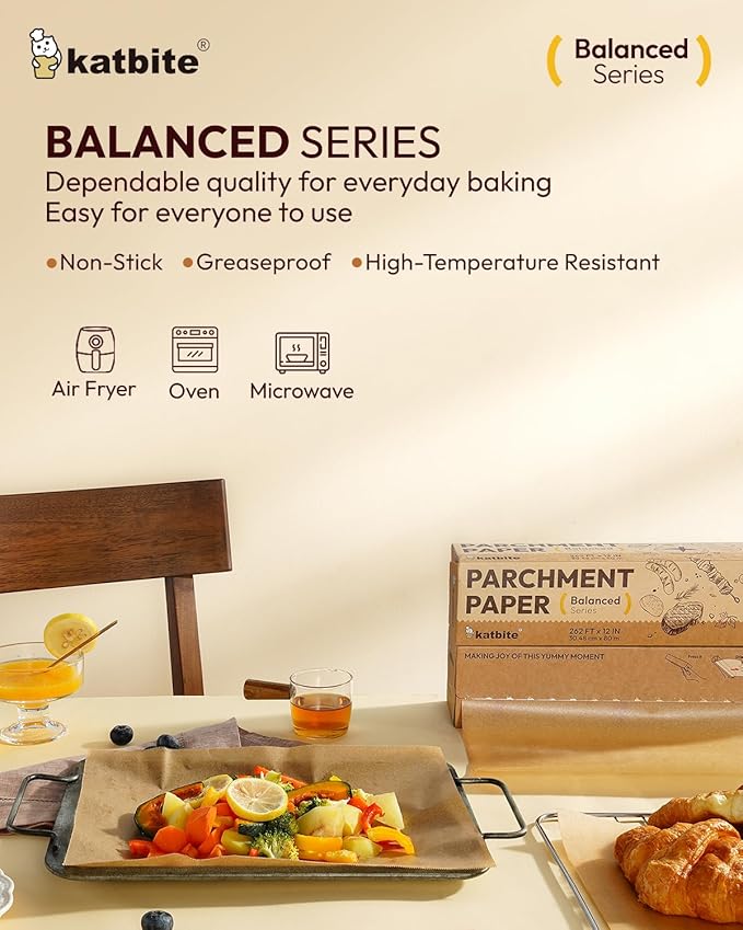 Katbite 12in x 262ft Unbleached Parchment Paper Roll, 260 Sq.Ft, Balanced Series, Non-Stick, Extra Long Parchment Baking Paper with Portable Serrated Cutter for Baking, Cooking [Balanced Series]