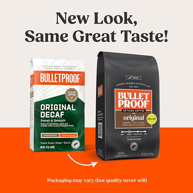Bulletproof Original Medium Roast Ground Decaf Coffee, 12 Ounces, 100% Arabica Coffee, Clean Coffee Tested for Toxins, Packaging May Vary (Pack of 2)