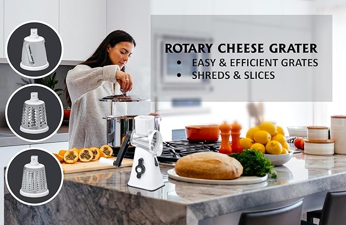 Premium Rotary Cheese Grater - Effortless Grating for Perfectly Shredded Cheese Every Time! (White and Black)