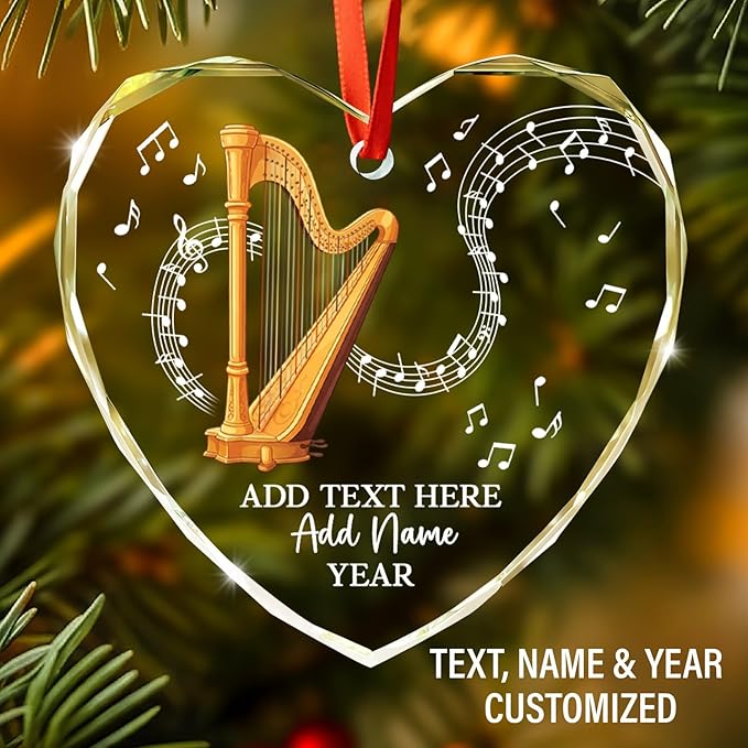Personalized Text Name Year Harpist Christmas Ornament, Customized Harp Music Instrument Glass Ornaments, 2025 Xmas Ornament Gift for Teacher Student Harp Player, Musician Xmas Decorations