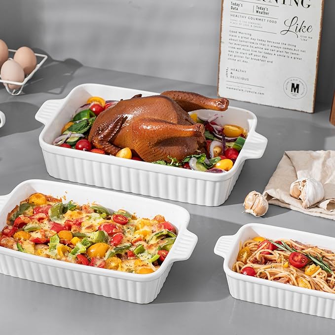 Casserole Dishes for Oven, Ceramic Baking Dishes, Porcelain Bakeware Set of 4, Rectangular Baking Pan, White Deep Lasagna Pan with Handle for Cooking, Roasting, Cake, 15.3"/12.8"/11.6"/9.8"