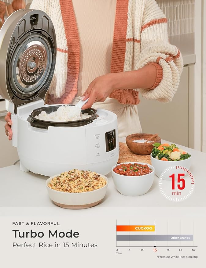 CUCKOO Twin Pressure Rice Cooker 10-Cup Uncooked / 20-Cup Cooked with Nonstick Inner Pot, Large Rice Maker & Warmer with 16 Menu Options, Open Cooking Mode, Voice Guide, White (CRP-ST1009FW)