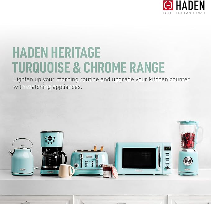 Haden Heritage 1.7 Liter Stainless Steel Electric Tea Kettle with Heritage 2 Slice Wide Slot Stainless Steel Bread Toaster, Turquoise