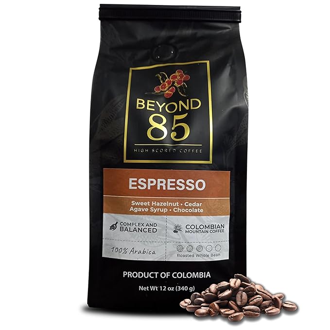 Beyond 85 Espresso Colombian Coffee – 340g Whole Bean Espresso – Bold & Smooth Whole Beans for Rich Crema – Best Coffee Beans for Lattes, Cappuccinos & More