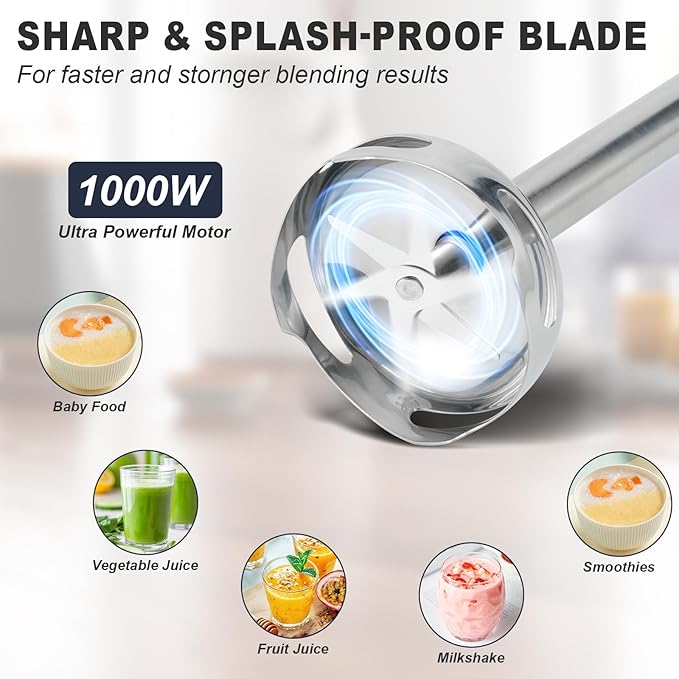 Immersion Blender, 4 in 1 Hand Bender Max 1000W, 5 Speeds & Turbo with Copper Motor Stainless Steel Blade, Handheld Blender Stick Mixer with Egg Whisk, 700ml Beaker & 500ml Chopper Bowl